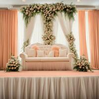 ai generado un elegante Boda etapa con un blanco sofá y floral decoraciones foto