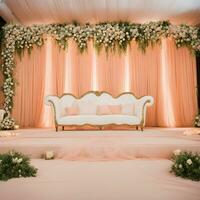 AI generated a stage with a white couch and floral decorations photo