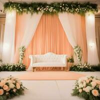 AI generated a wedding stage decorated with white and peach flowers photo