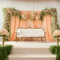 AI generated a wedding stage with a white couch and flowers photo