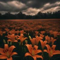 AI generated orange lilies in a field under a stormy sky photo