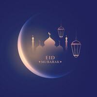 eid mubarak shiny islamic moon and mosque greeting vector