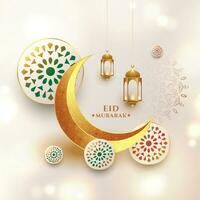 realistic eid mubarak wishes card with crescent moon vector