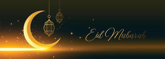 shiny eid mubarak golden moon and lantern banner vector