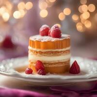 ai generado un postre en un plato con frambuesas y un vela foto