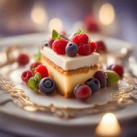 AI generated a piece of cheesecake with berries and cream photo