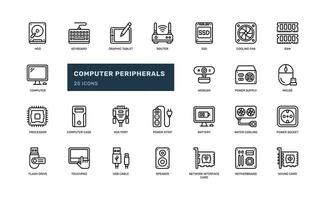 computer accessories peripherals component hardware input data storage detailed outline line icon set vector