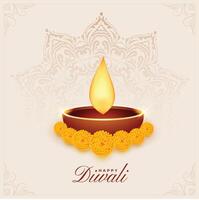 happy diwali festival card with dia and flowers vector