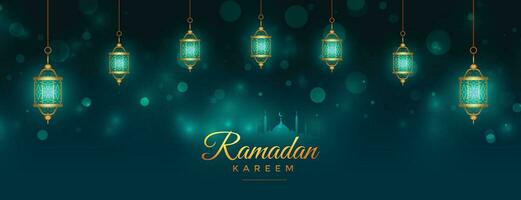 hermosa Ramadán kareem islámico linterna lamparas bandera vector