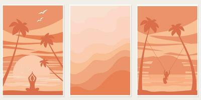 A set of abstract posters with views of the sea, ocean, silhouettes of palm trees, yoga meditation. Vector graphics.