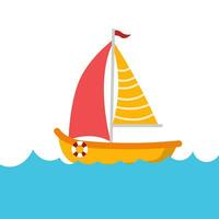 Cute sea sailboat on the waves, highlighted on a white background.  Illustrations for the design of children's rooms and textiles. Vector