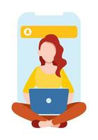 Girl works at the laptop computer. Flat vector illustration  of freelance, work at home, work, office, education. Remote work and  communication in social networks. Cartoon style