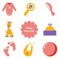 A set for newborns with cartoon elements in a flat design.  A set of children's toys, clothes, care products and other decorative stickers. Vector illustration