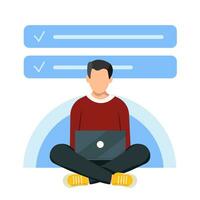 Man works at the laptop computer. Flat vector illustration  of freelance, work at home, work, office, education. Remote work and  communication in social networks. Cartoon style