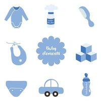 A set for newborns with cartoon elements in a flat design.  A set of children's toys, clothes, care products and other decorative stickers. Vector illustration