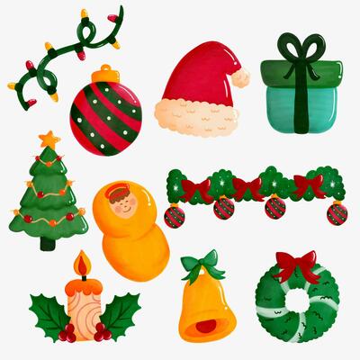 Hand-drawn watercolor Christmas illustration set