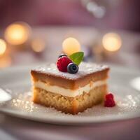 ai generado un pedazo de pastel en un plato con bayas y crema foto