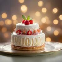 AI generated a small cake with white frosting and raspberries photo