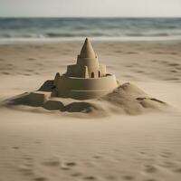 ai generado un arena castillo en el playa con un ola en el antecedentes foto