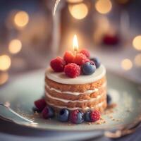 AI generated a small cake with berries and a candle on it photo