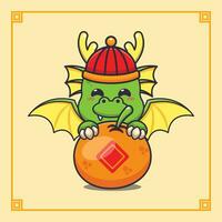 Cute dragon with big orange in chinese new year. vector