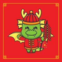 Cute dragon playing firecrackers in chinese new year. vector