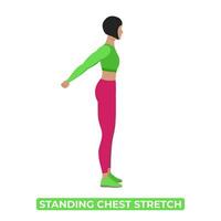 Vector Woman Doing Standing Chest Stretch. Arms Backward Chest Stretch. An Educational Illustration On A White Background.