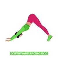 Vector Woman Doing Downward Facing Dog Stretch. Adho Mukha Svanasana. An Educational Illustration On A White Background.