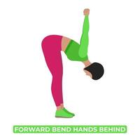 Vector Woman Doing Standing Forward Bend Hands Behind. Spinal Flexion Back Stretch. Chest Opener. An Educational Illustration On A White Background.