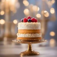 AI generated a cake on a gold stand with berries and cream photo