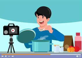 transmisión en vivo de cocina en línea con el chef en clase aprende a cocinar comida casera y una variedad de platos en dibujos animados planos dibujados a mano ilustración de plantilla vector