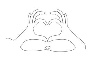 Continuous one line drawing make gesture meaning love. Hands folded in shape of heart. Black and white heart icon. vector