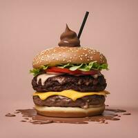 ai generado un grande hamburguesa con chocolate salsa y un chocolate sacudir foto