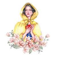 Composition with girl with dark hair in yellow raincoat with apple in her hands and flowers. png