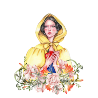 Composition with girl with dark hair in yellow raincoat with apple in her hands and flowers. png