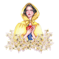 composição com menina com Sombrio cabelo dentro amarelo capa de chuva com maçã dentro dela mãos e flores png