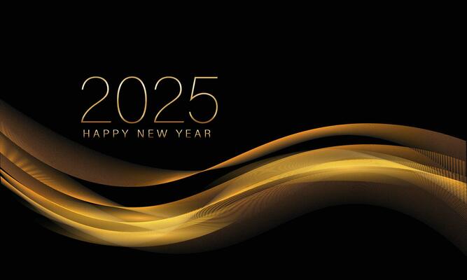 2025 New year with Abstract shiny color gold wave design element and glitter effect on dark background. For Calendar, poster design