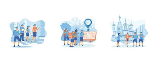 Tourist Guide concept. Group of happy tourists. Listen to the guide about the site. Tour guide on a walking tour. set flat vector modern illustration