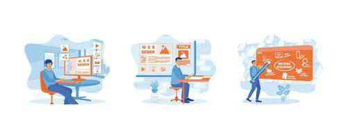 Man working assembling web page. Men create content to fill sites. Web Design and Development. set flat vector illustration.