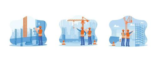 Construction site engineer concept. Civil architect engineer with construction plans. Checking work on a construction site. set flat vector modern illustration