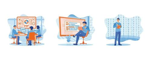 APP devs concept. They work in modern offices.  Developing mobile applications with binaries and data. set flat vector illustration.