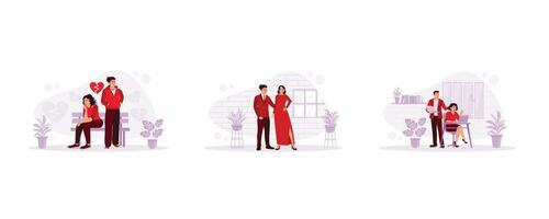 Relationship concept. Young couple quarreling sitting on chairs. Romantic couple doing studio photo. Coworkers using computers. set flat vector modern illustration