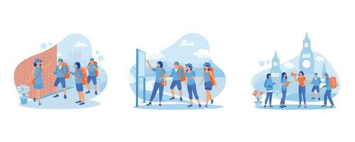 Guide and group of tourists. Read maps of tourist areas. Tour guide girl. Set Flat vector illustration. Tourist Guide concept.