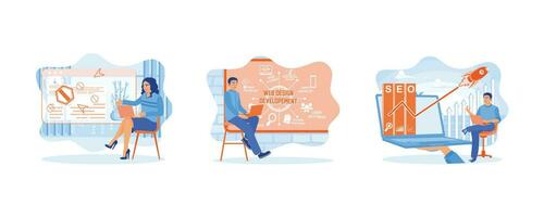 Woman using web window search info. Web development icons are drawn on the board. Web design. set flat vector illustration.