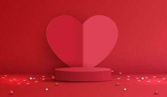 contento san valentin día y etapa podio decorado con corazón forma Encendiendo. pedestal escena con para producto, cosmético, publicidad, espectáculo, premio ceremonia, en rojo antecedentes y ligero. vector diseño.