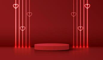 Happy valentines day and stage podium decorated with heart shape. pedestal scene with for product, cosmetic, advertising, show, award ceremony, on red background and light. vector design.