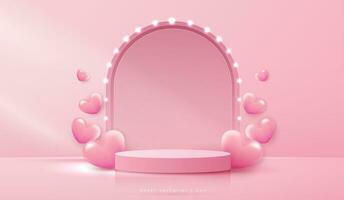 contento san valentin día y etapa podio decorado con corazón forma. pedestal escena con para producto, cosmético, publicidad, espectáculo, premio ceremonia, en rosado antecedentes y ligero. vector diseño.