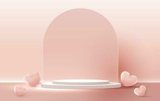 Happy valentines day and stage podium decorated with heart shape. pedestal scene with for product, cosmetic, advertising, show, award ceremony, on pink background and light. vector design.