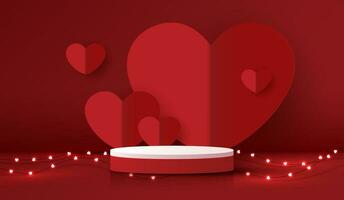 Happy valentines day and stage podium decorated with heart shape. pedestal scene with for product, cosmetic, advertising, show, award ceremony, on red background and light. vector design.