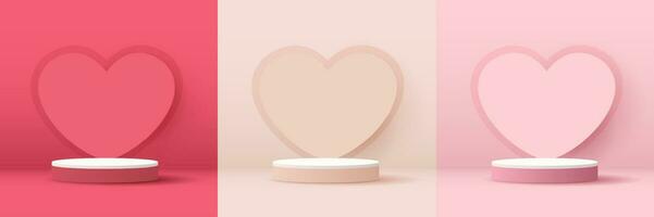 Set happy valentines day and stage podium decorated with heart shape lighting. pedestal scene with for product, cosmetic, advertising, show, award ceremony, on pink background. vector design.